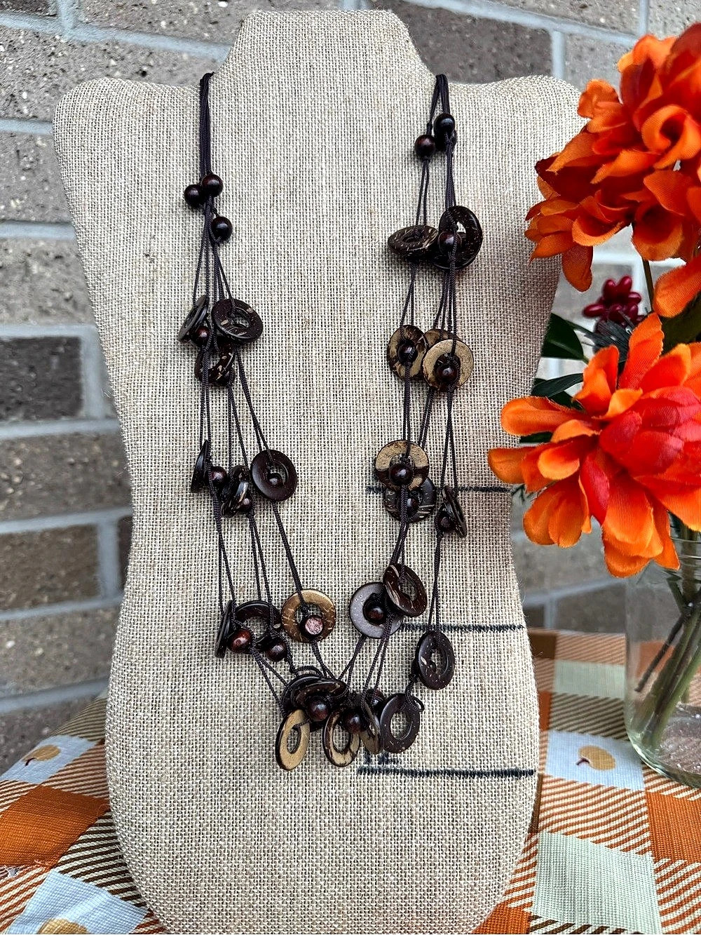 Brown Coconut Shell Multi-Strand Beaded Boho Statement Necklace